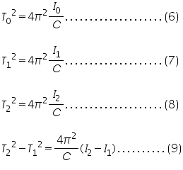 «math xmlns=¨http://www.w3.org/1998/Math/MathML¨»«mtable columnalign=¨left¨ rowspacing=¨0¨»«mtr»«mtd»«msup»«msub»«mi»T«/mi»«mn»0«/mn»«/msub»«mn»2«/mn»«/msup»«mo»=«/mo»«mn»4«/mn»«msup»«mi»§#960;«/mi»«mn»2«/mn»«/msup»«mfrac»«msub»«mi»I«/mi»«mn»0«/mn»«/msub»«mi»C«/mi»«/mfrac»«mo».«/mo»«mo».«/mo»«mo».«/mo»«mo».«/mo»«mo».«/mo»«mo».«/mo»«mo».«/mo»«mo».«/mo»«mo».«/mo»«mo».«/mo»«mo».«/mo»«mo».«/mo»«mo».«/mo»«mo».«/mo»«mo».«/mo»«mo».«/mo»«mo».«/mo»«mo».«/mo»«mo».«/mo»«mo».«/mo»«mfenced»«mn»6«/mn»«/mfenced»«/mtd»«/mtr»«mtr»«mtd/»«/mtr»«mtr»«mtd»«msup»«msub»«mi»T«/mi»«mn»1«/mn»«/msub»«mn»2«/mn»«/msup»«mo»=«/mo»«mn»4«/mn»«msup»«mi»§#960;«/mi»«mn»2«/mn»«/msup»«mfrac»«msub»«mi»I«/mi»«mn»1«/mn»«/msub»«mi»C«/mi»«/mfrac»«mo».«/mo»«mo».«/mo»«mo».«/mo»«mo».«/mo»«mo».«/mo»«mo».«/mo»«mo».«/mo»«mo».«/mo»«mo».«/mo»«mo».«/mo»«mo».«/mo»«mo».«/mo»«mo».«/mo»«mo».«/mo»«mo».«/mo»«mo».«/mo»«mo».«/mo»«mo».«/mo»«mo».«/mo»«mo».«/mo»«mfenced»«mn»7«/mn»«/mfenced»«/mtd»«/mtr»«mtr»«mtd/»«/mtr»«mtr»«mtd»«msup»«msub»«mi»T«/mi»«mn»2«/mn»«/msub»«mn»2«/mn»«/msup»«mo»=«/mo»«mn»4«/mn»«msup»«mi»§#960;«/mi»«mn»2«/mn»«/msup»«mfrac»«msub»«mi»I«/mi»«mn»2«/mn»«/msub»«mi»C«/mi»«/mfrac»«mo».«/mo»«mo».«/mo»«mo».«/mo»«mo».«/mo»«mo».«/mo»«mo».«/mo»«mo».«/mo»«mo».«/mo»«mo».«/mo»«mo».«/mo»«mo».«/mo»«mo».«/mo»«mo».«/mo»«mo».«/mo»«mo».«/mo»«mo».«/mo»«mo».«/mo»«mo».«/mo»«mo».«/mo»«mo».«/mo»«mfenced»«mn»8«/mn»«/mfenced»«/mtd»«/mtr»«mtr»«mtd/»«/mtr»«mtr»«mtd»«msup»«msub»«mi»T«/mi»«mn»2«/mn»«/msub»«mn»2«/mn»«/msup»«mo»-«/mo»«msup»«msub»«mi»T«/mi»«mn»1«/mn»«/msub»«mn»2«/mn»«/msup»«mo»=«/mo»«mfrac»«mrow»«mn»4«/mn»«msup»«mi»§#960;«/mi»«mn»2«/mn»«/msup»«/mrow»«mi»C«/mi»«/mfrac»«mo»(«/mo»«msub»«mi»I«/mi»«mn»2«/mn»«/msub»«mo»-«/mo»«msub»«mi»I«/mi»«mn»1«/mn»«/msub»«mo»)«/mo»«mo».«/mo»«mo».«/mo»«mo».«/mo»«mo».«/mo»«mo».«/mo»«mo».«/mo»«mo».«/mo»«mo».«/mo»«mo».«/mo»«mo».«/mo»«mfenced»«mn»9«/mn»«/mfenced»«/mtd»«/mtr»«/mtable»«/math»