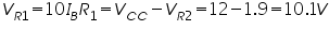 «math xmlns=¨http://www.w3.org/1998/Math/MathML¨»«msub»«mi»V«/mi»«mrow»«mi»R«/mi»«mn»1«/mn»«/mrow»«/msub»«mo»=«/mo»«mn»10«/mn»«msub»«mi»I«/mi»«mi»B«/mi»«/msub»«msub»«mi»R«/mi»«mn»1«/mn»«/msub»«mo»=«/mo»«msub»«mi»V«/mi»«mrow»«mi»C«/mi»«mi»C«/mi»«/mrow»«/msub»«mo»-«/mo»«msub»«mi»V«/mi»«mrow»«mi»R«/mi»«mn»2«/mn»«/mrow»«/msub»«mo»=«/mo»«mn»12«/mn»«mo»-«/mo»«mn»1«/mn»«mo».«/mo»«mn»9«/mn»«mo»=«/mo»«mn»10«/mn»«mo».«/mo»«mn»1«/mn»«mi»V«/mi»«/math»