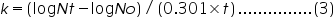 «math xmlns=¨http://www.w3.org/1998/Math/MathML¨»«mi»k«/mi»«mo»=«/mo»«mfenced»«mrow»«mi mathvariant=¨normal¨»log«/mi»«mi»N«/mi»«mi»t«/mi»«mo»-«/mo»«mi mathvariant=¨normal¨»log«/mi»«mi»N«/mi»«mi»o«/mi»«/mrow»«/mfenced»«mo»/«/mo»«mfenced»«mrow»«mn»0«/mn»«mo».«/mo»«mn»301«/mn»«mo»§#215;«/mo»«mi»t«/mi»«/mrow»«/mfenced»«mo».«/mo»«mo».«/mo»«mo».«/mo»«mo».«/mo»«mo».«/mo»«mo».«/mo»«mo».«/mo»«mo».«/mo»«mo».«/mo»«mo».«/mo»«mo».«/mo»«mo».«/mo»«mo».«/mo»«mo».«/mo»«mo».«/mo»«mfenced»«mn»3«/mn»«/mfenced»«/math»